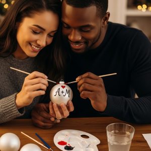 Couple creating a personalized Christmas ornament with their initials