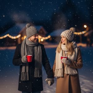 Couple walking hand in hand on a snowy winter night, holding mugs of hot chocolate under twinkling stars.