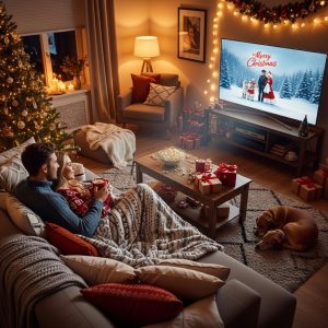Couple snuggling under blankets watching Christmas movies with popcorn and fairy lights glowing around them