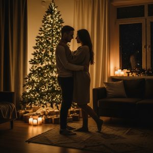 Couple slow dancing beside a glowing Christmas tree in a softly lit living room on Christmas night.