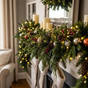 A beautifully styled Christmas mantel with lush greenery cascading over the edge, decorated with pinecones, berries, and twinkling fairy lights, creating a natural and elegant “overflow” effect.