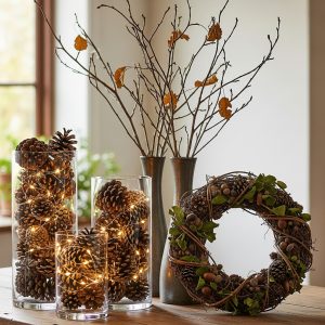Glass vases with pinecones and battery-operated lights