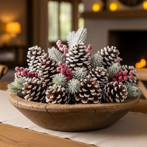 Frosted Pinecone In a wooden bowl