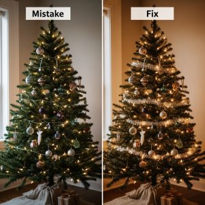 Side-by-side comparison of two Christmas trees — one decorated with ornaments before lights, causing uneven lighting and visible cords, and another with lights added first for a balanced, polished look.