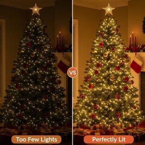 Comparison of two Christmas trees: one dim with too few lights, and another glowing brightly with enough lights for a warm, festive look.