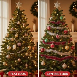Comparison of two Christmas trees: one with ornaments hung only on branch tips, appearing flat, and another with ornaments placed at varying depths, creating a full, layered look.
