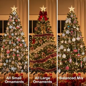 Three Christmas trees showing ornament size mistakes — one with only small ornaments, one with only large ones, and one balanced with mixed sizes for a full, polished look.