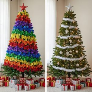 Side-by-side Christmas trees showing the difference between a rainbow-colored chaotic tree and a cohesive, color-coordinated Christmas tree with a simple palette.