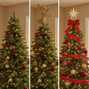 Three Christmas trees showing topper mistakes — one with no topper, one with an oversized topper, and one with a perfectly sized, well-matched topper that completes the tree beautifully.