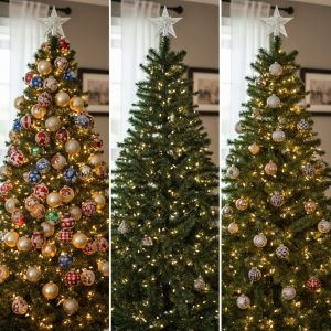 Three Christmas trees showing ornament spacing mistakes — one cluttered, one sparse, and one balanced with even ornament distribution for a professional look.