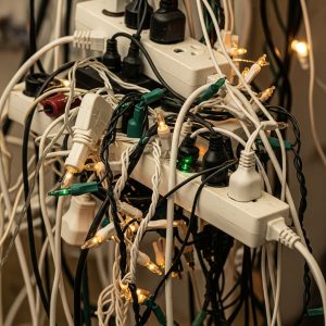 one tree with too many light strings connected dangerously