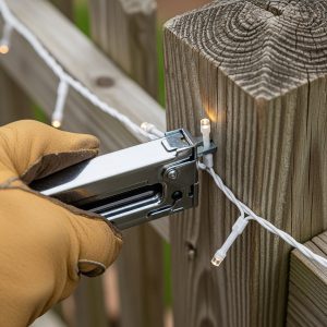 Comparison of unsafe Christmas light installation using staples or nails through wires versus safe installation with plastic light clips that prevent electrical damage.