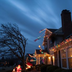 flapping Christmas lights along a house roofline or fence during a windy evening, with some clips detached and lights hanging.