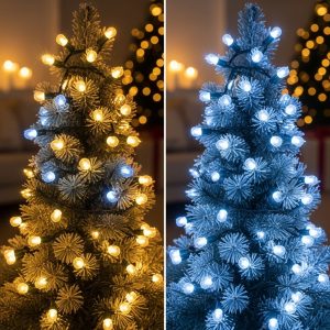 The left side shows a string of mixed LED and incandescent Christmas lights, The right side shows a uniform, evenly glowing string of all LED or all incandescent bulbs